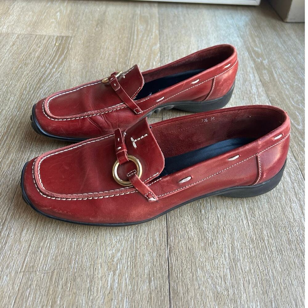 Sesto Meucci Red Leather Horsebit Loafers Square Toe SlipOn Flats luxury career